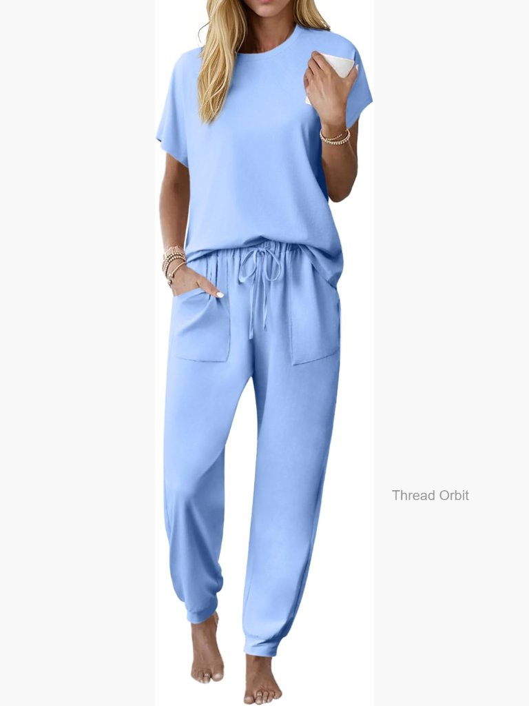 Cotton Pajama Set: Short Sleeve Top & Jogger Pants With Pockets